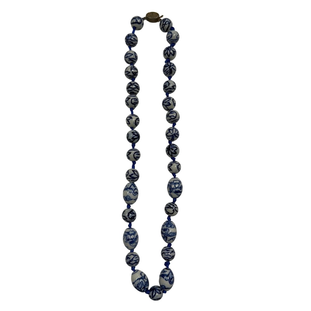 Vintage Chinese Blue White Hand Painted Porcelain Bead Knotted Necklace 22 Inch